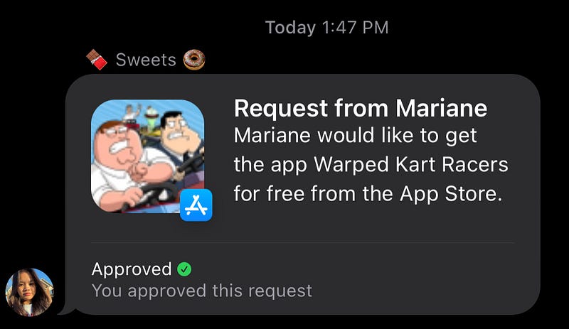A notification from iMessage that my daughter wants a game from the App Store.